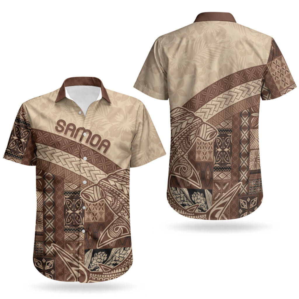 Samoa Mamanu Siapo Mocha Couples Matching Off The Shoulder Long Sleeve Dress and Hawaiian Shirt Tatau Malie