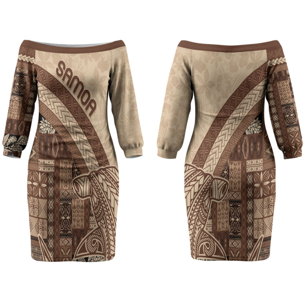 Samoa Mamanu Siapo Mocha Couples Matching Off The Shoulder Long Sleeve Dress and Hawaiian Shirt Tatau Malie