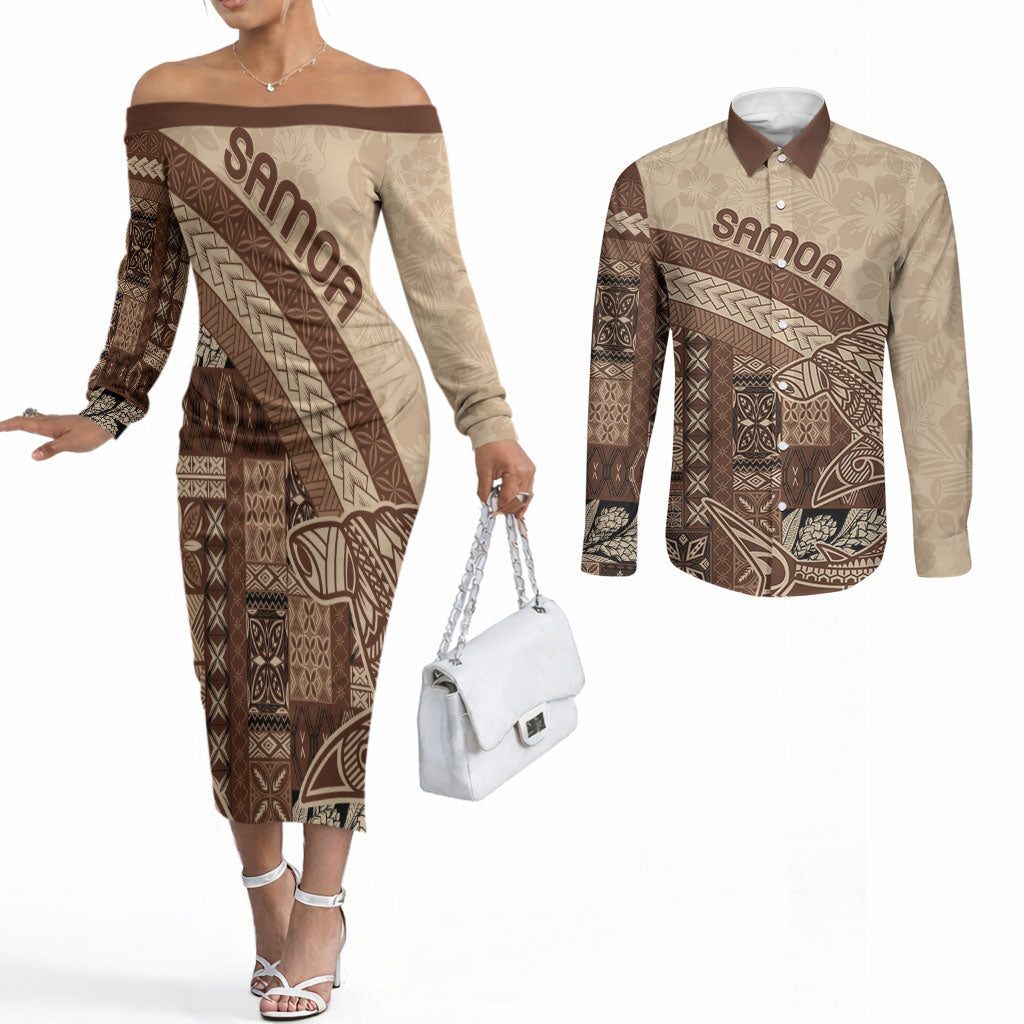 Samoa Mamanu Siapo Mocha Couples Matching Off The Shoulder Long Sleeve Dress and Long Sleeve Button Shirt Tatau Malie