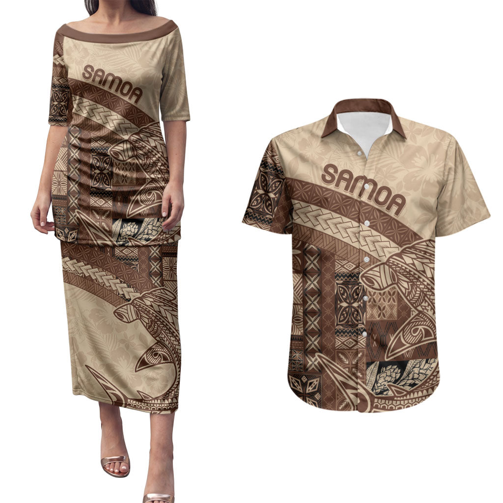 Samoa Mamanu Siapo Mocha Couples Matching Puletasi and Hawaiian Shirt Tatau Malie