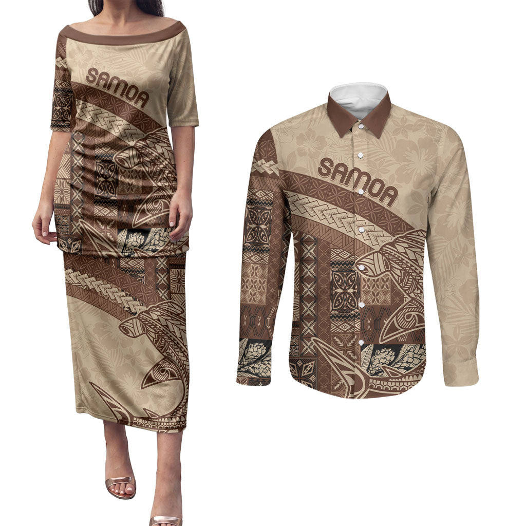 Samoa Mamanu Siapo Mocha Couples Matching Puletasi and Long Sleeve Button Shirt Tatau Malie