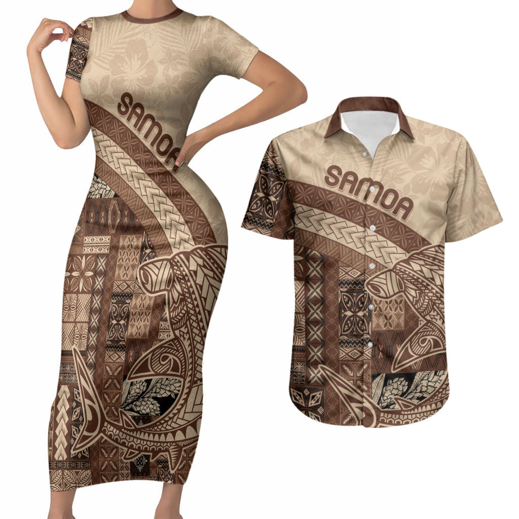 Samoa Mamanu Siapo Mocha Couples Matching Short Sleeve Bodycon Dress and Hawaiian Shirt Tatau Malie