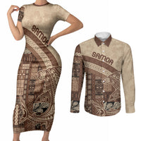 Samoa Mamanu Siapo Mocha Couples Matching Short Sleeve Bodycon Dress and Long Sleeve Button Shirt Tatau Malie