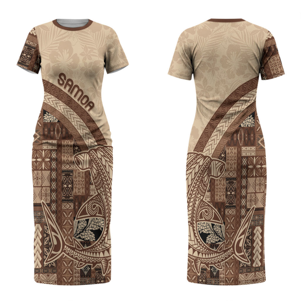 Samoa Mamanu Siapo Mocha Couples Matching Short Sleeve Bodycon Dress and Long Sleeve Button Shirt Tatau Malie