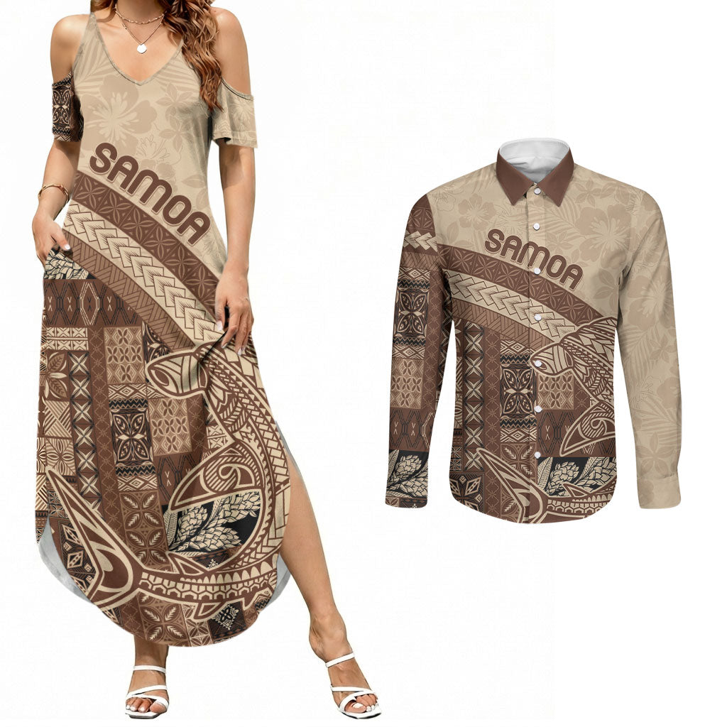 Samoa Mamanu Siapo Mocha Couples Matching Summer Maxi Dress and Long Sleeve Button Shirt Tatau Malie