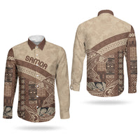 Samoa Mamanu Siapo Mocha Couples Matching Summer Maxi Dress and Long Sleeve Button Shirt Tatau Malie
