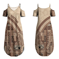 Samoa Mamanu Siapo Mocha Couples Matching Summer Maxi Dress and Long Sleeve Button Shirt Tatau Malie
