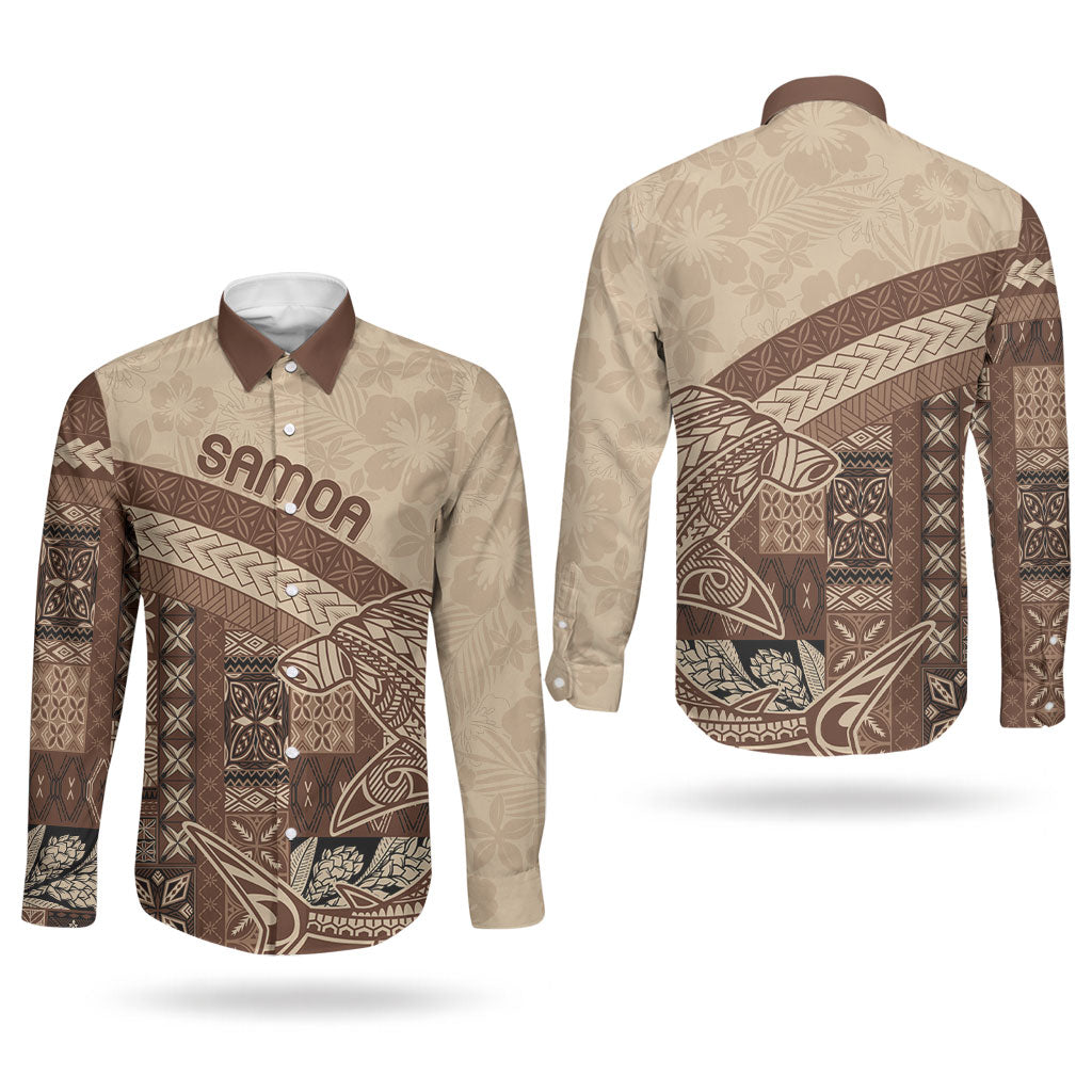 Samoa Mamanu Siapo Mocha Couples Matching Tank Maxi Dress and Long Sleeve Button Shirt Tatau Malie