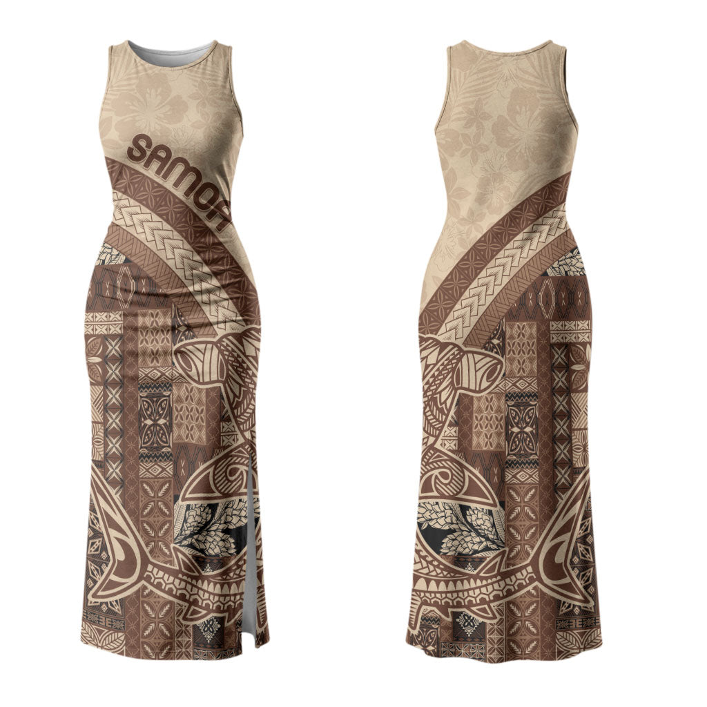Samoa Mamanu Siapo Mocha Couples Matching Tank Maxi Dress and Long Sleeve Button Shirt Tatau Malie