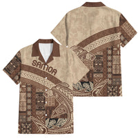 Samoa Mamanu Siapo Mocha Family Matching Off Shoulder Short Dress and Hawaiian Shirt Tatau Malie
