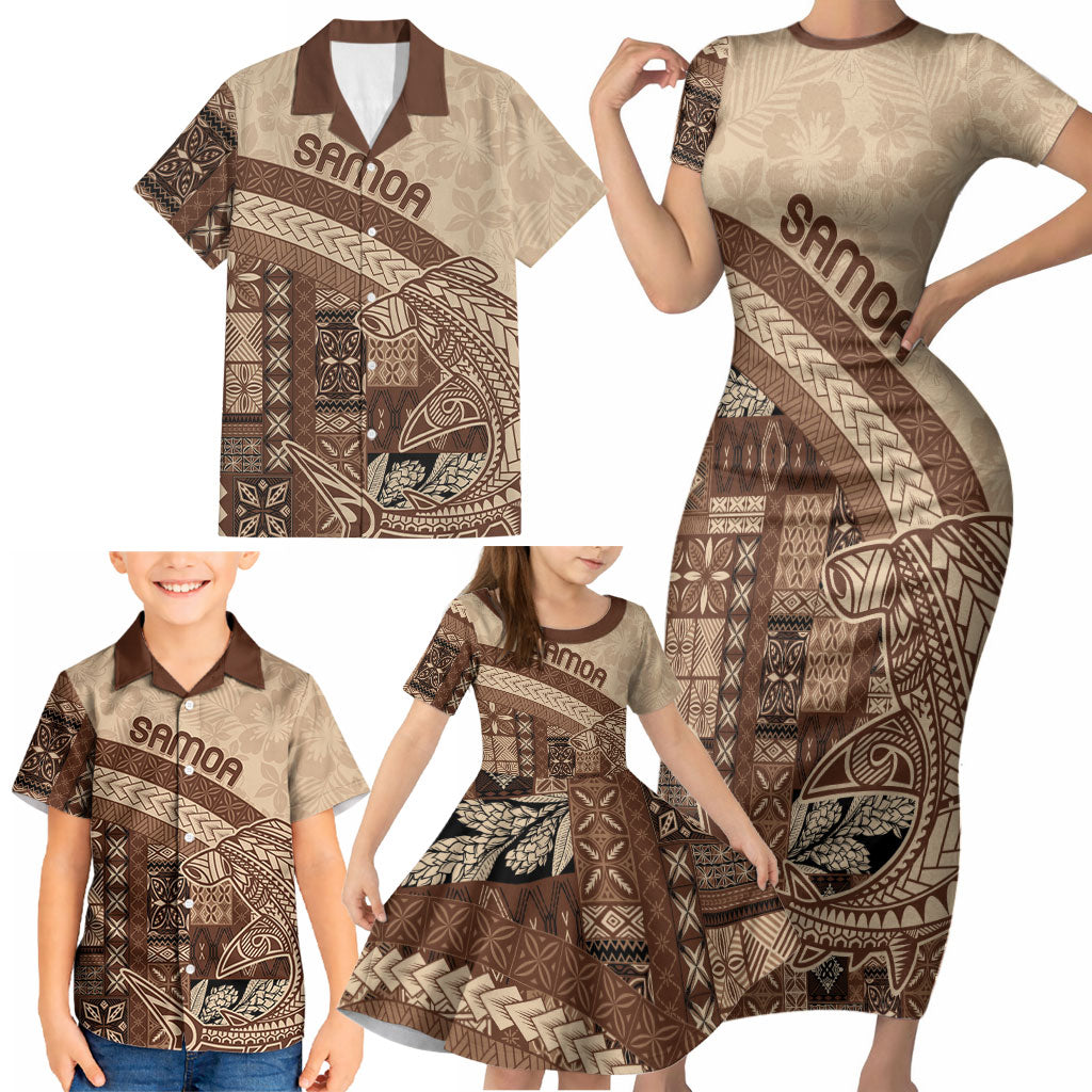 Samoa Mamanu Siapo Mocha Family Matching Short Sleeve Bodycon Dress and Hawaiian Shirt Tatau Malie