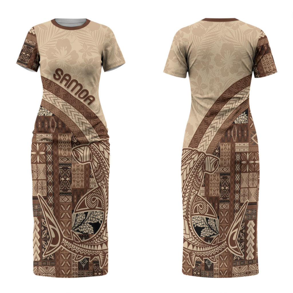 Samoa Mamanu Siapo Mocha Family Matching Short Sleeve Bodycon Dress and Hawaiian Shirt Tatau Malie