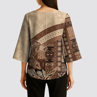Samoa Mamanu Siapo Mocha Kimono Sleeve Blouse Tatau Malie