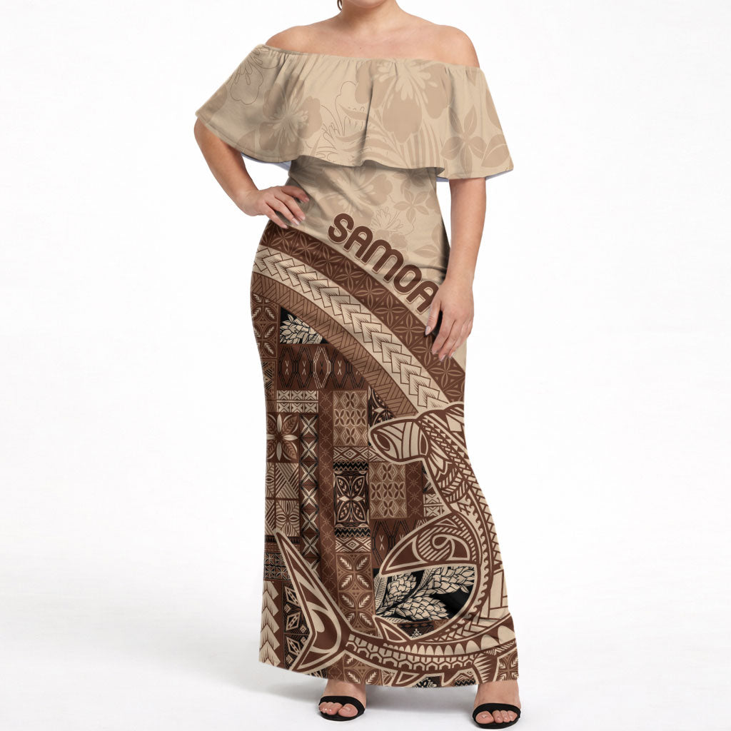 Samoa Mamanu Siapo Mocha Off Shoulder Maxi Dress Tatau Malie