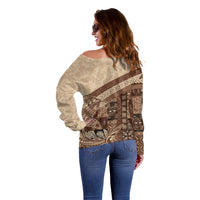 Samoa Mamanu Siapo Mocha Off Shoulder Sweater Tatau Malie