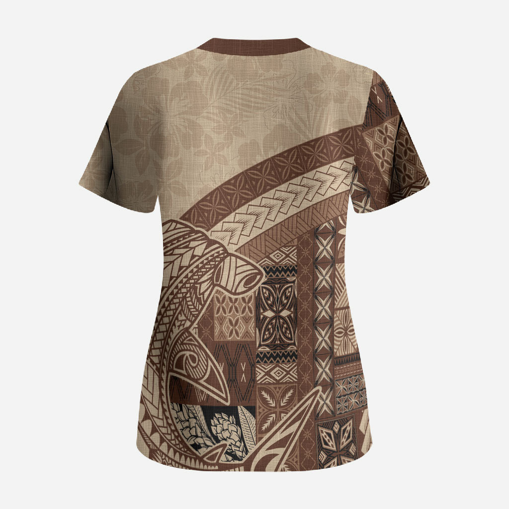 Samoa Mamanu Siapo Mocha Scrub Top Tatau Malie