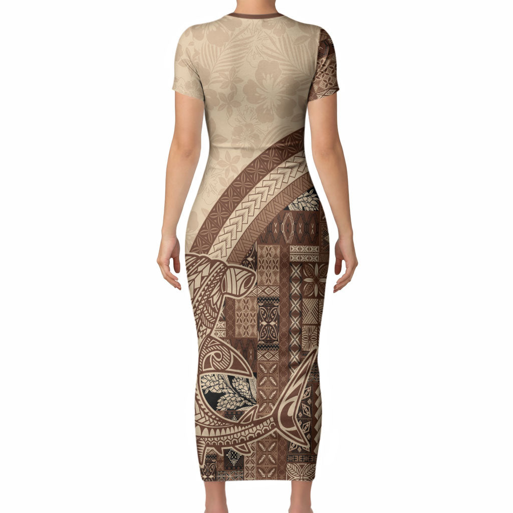 Samoa Mamanu Siapo Mocha Short Sleeve Bodycon Dress Tatau Malie
