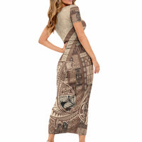 Samoa Mamanu Siapo Mocha Short Sleeve Bodycon Dress Tatau Malie