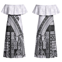 Samoa Mamanu Siapo Classic Black Couples Matching Off Shoulder Maxi Dress and Long Sleeve Button Shirt Tatau Malie