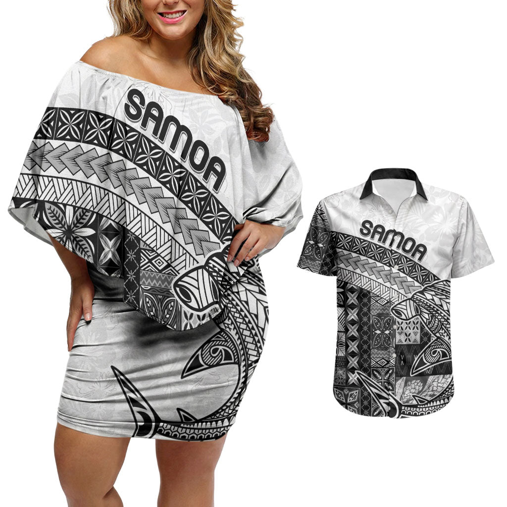 Samoa Mamanu Siapo Classic Black Couples Matching Off Shoulder Short Dress and Hawaiian Shirt Tatau Malie