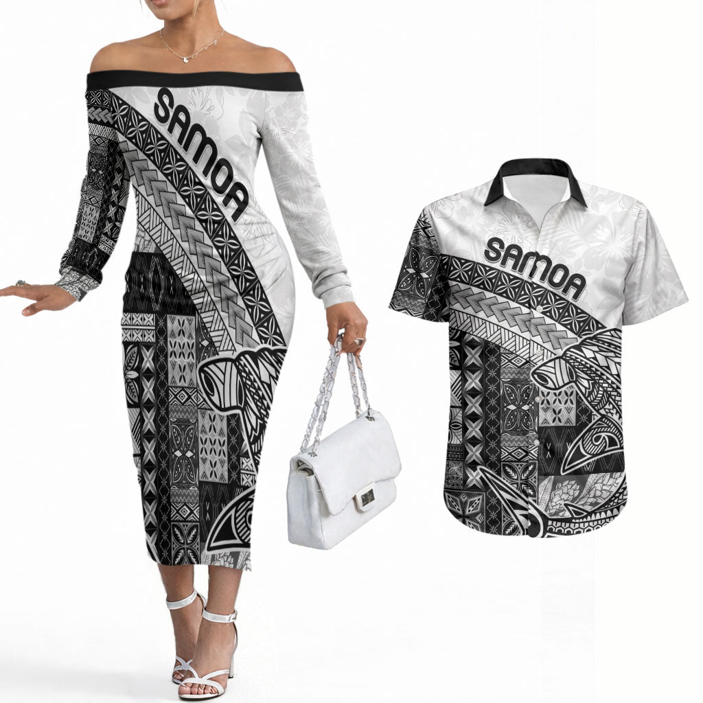 Samoa Mamanu Siapo Classic Black Couples Matching Off The Shoulder Long Sleeve Dress and Hawaiian Shirt Tatau Malie