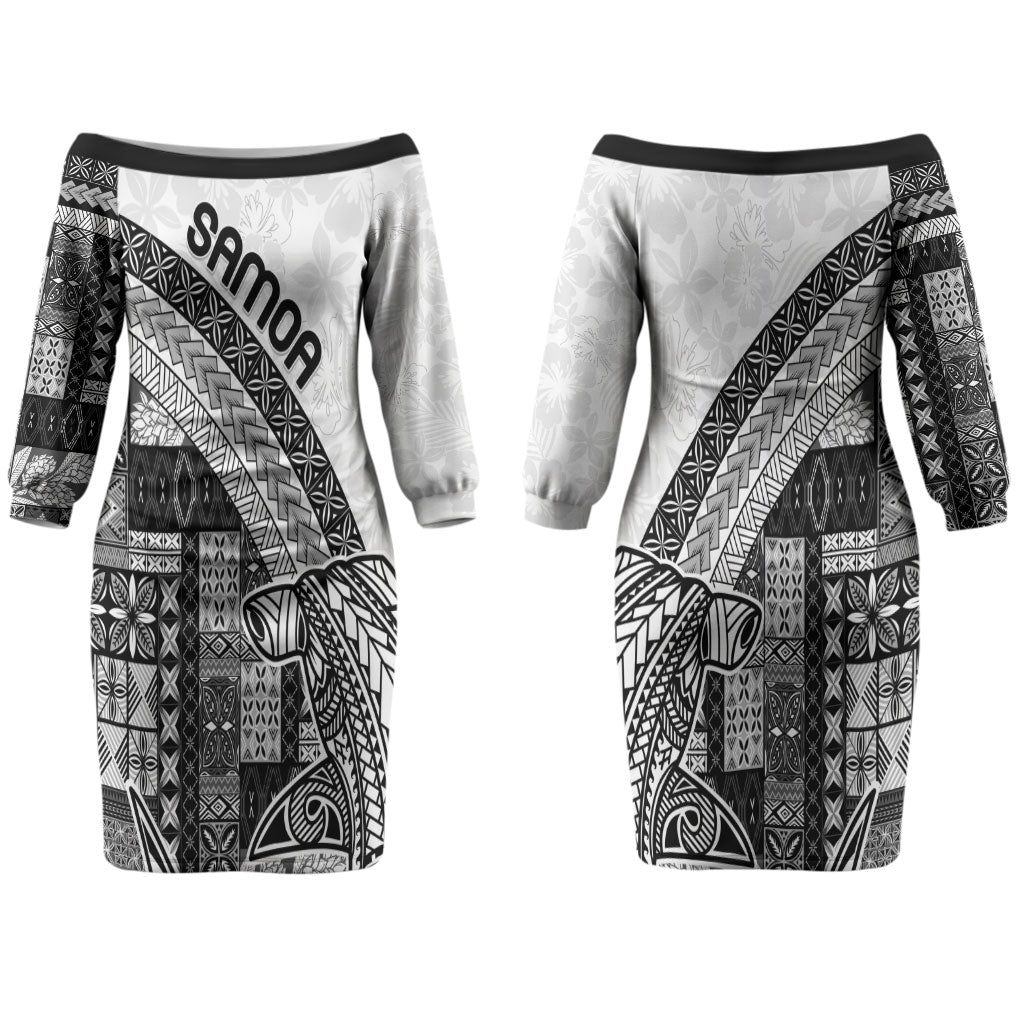 Samoa Mamanu Siapo Classic Black Couples Matching Off The Shoulder Long Sleeve Dress and Hawaiian Shirt Tatau Malie