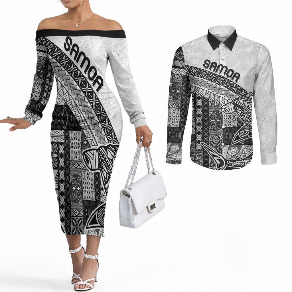 Samoa Mamanu Siapo Classic Black Couples Matching Off The Shoulder Long Sleeve Dress and Long Sleeve Button Shirt Tatau Malie