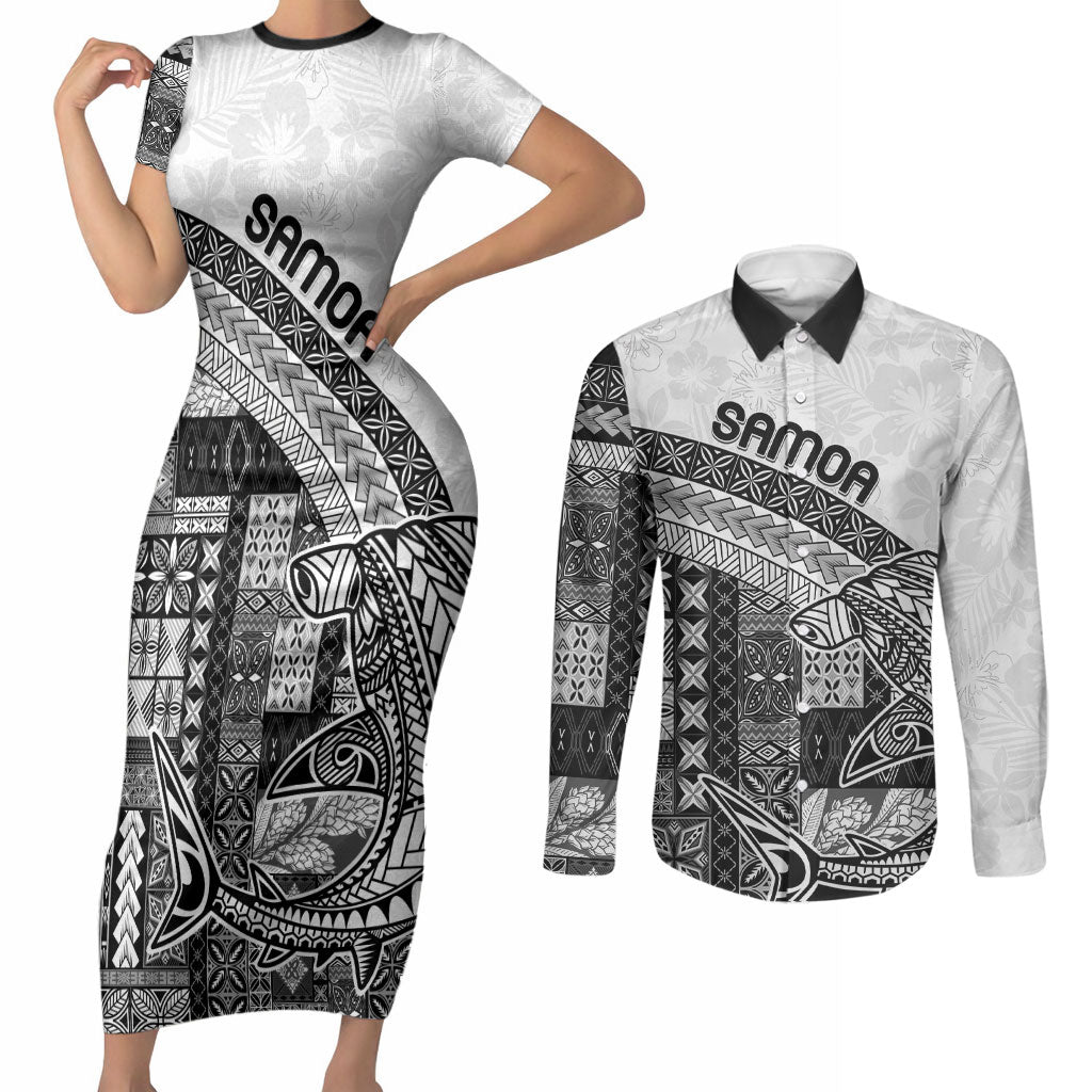 Samoa Mamanu Siapo Classic Black Couples Matching Short Sleeve Bodycon Dress and Long Sleeve Button Shirt Tatau Malie