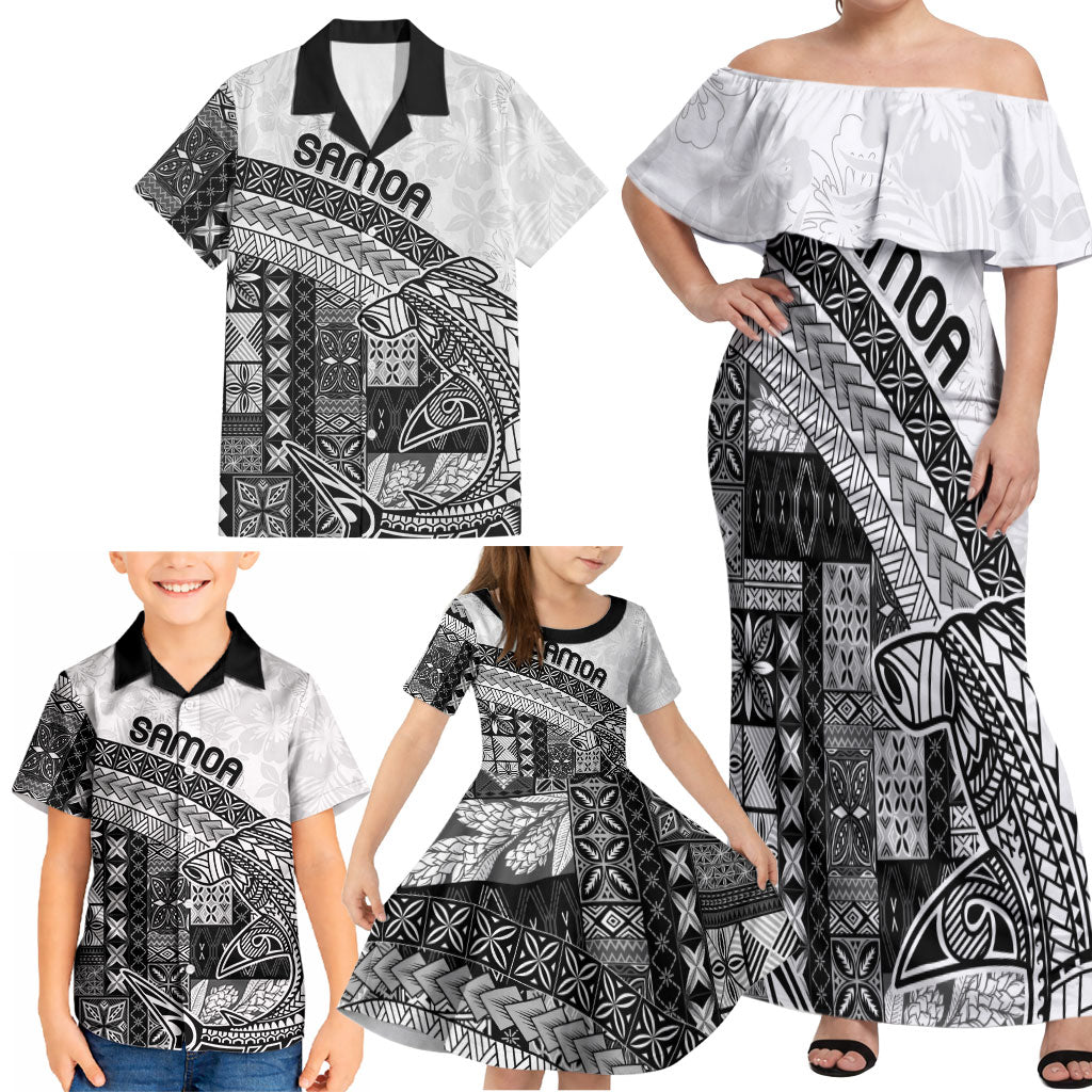 Samoa Mamanu Siapo Classic Black Family Matching Off Shoulder Maxi Dress and Hawaiian Shirt Tatau Malie