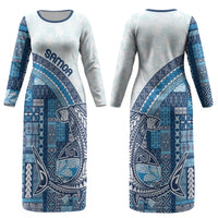 Samoa Mamanu Siapo Royal Blue Couples Matching Long Sleeve Bodycon Dress and Hawaiian Shirt Tatau Malie