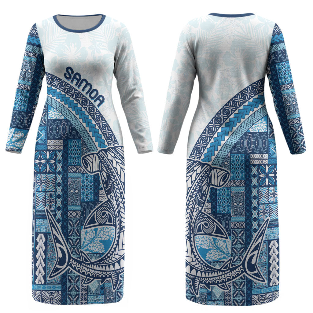 Samoa Mamanu Siapo Royal Blue Couples Matching Long Sleeve Bodycon Dress and Long Sleeve Button Shirt Tatau Malie