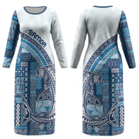 Samoa Mamanu Siapo Royal Blue Couples Matching Long Sleeve Bodycon Dress and Long Sleeve Button Shirt Tatau Malie