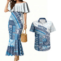 Samoa Mamanu Siapo Royal Blue Couples Matching Mermaid Dress and Hawaiian Shirt Tatau Malie