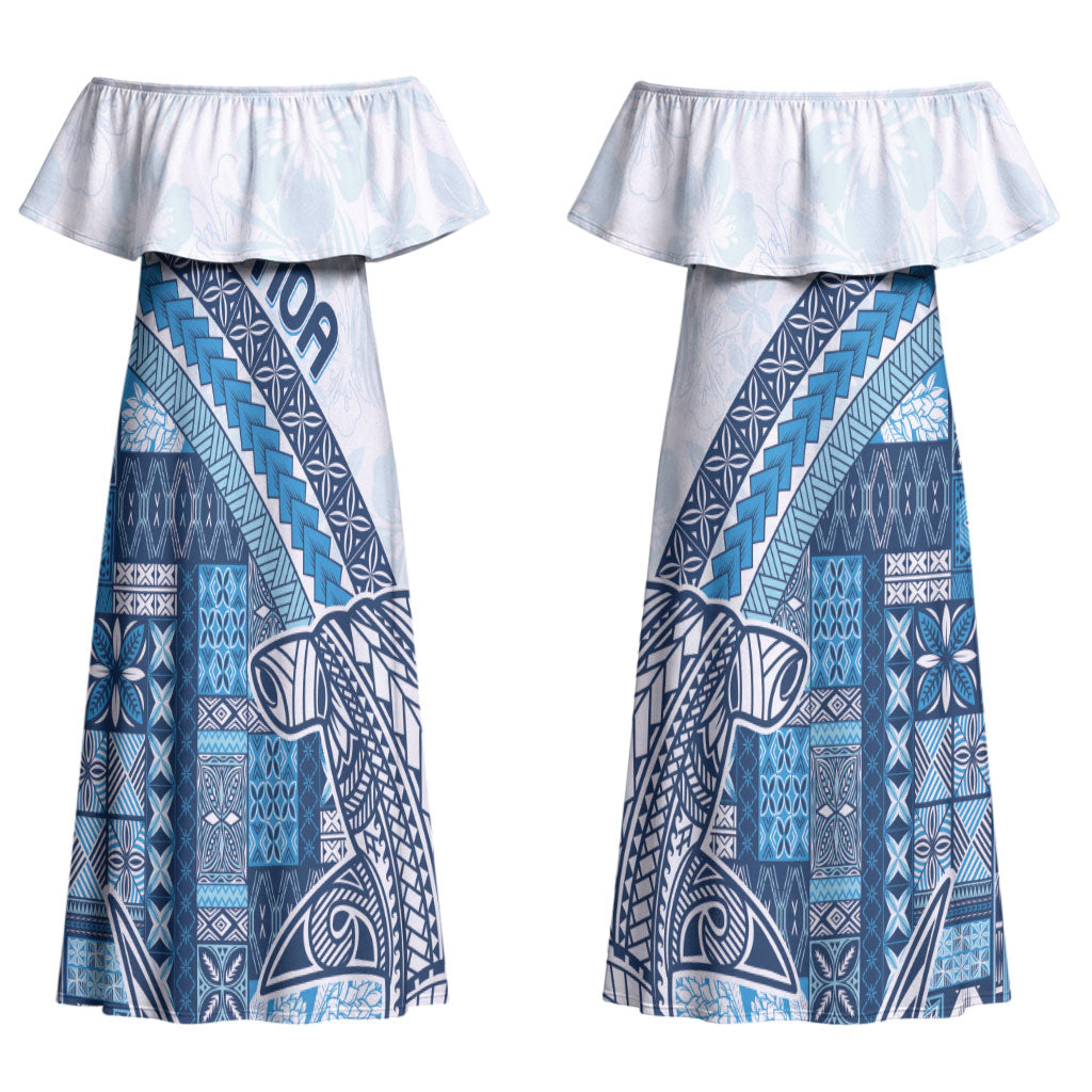 Samoa Mamanu Siapo Royal Blue Couples Matching Off Shoulder Maxi Dress and Hawaiian Shirt Tatau Malie