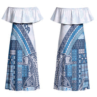 Samoa Mamanu Siapo Royal Blue Couples Matching Off Shoulder Maxi Dress and Long Sleeve Button Shirt Tatau Malie