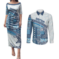 Samoa Mamanu Siapo Royal Blue Couples Matching Puletasi and Long Sleeve Button Shirt Tatau Malie