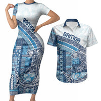 Samoa Mamanu Siapo Royal Blue Couples Matching Short Sleeve Bodycon Dress and Hawaiian Shirt Tatau Malie