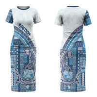 Samoa Mamanu Siapo Royal Blue Couples Matching Short Sleeve Bodycon Dress and Long Sleeve Button Shirt Tatau Malie