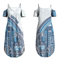 Samoa Mamanu Siapo Royal Blue Couples Matching Summer Maxi Dress and Long Sleeve Button Shirt Tatau Malie