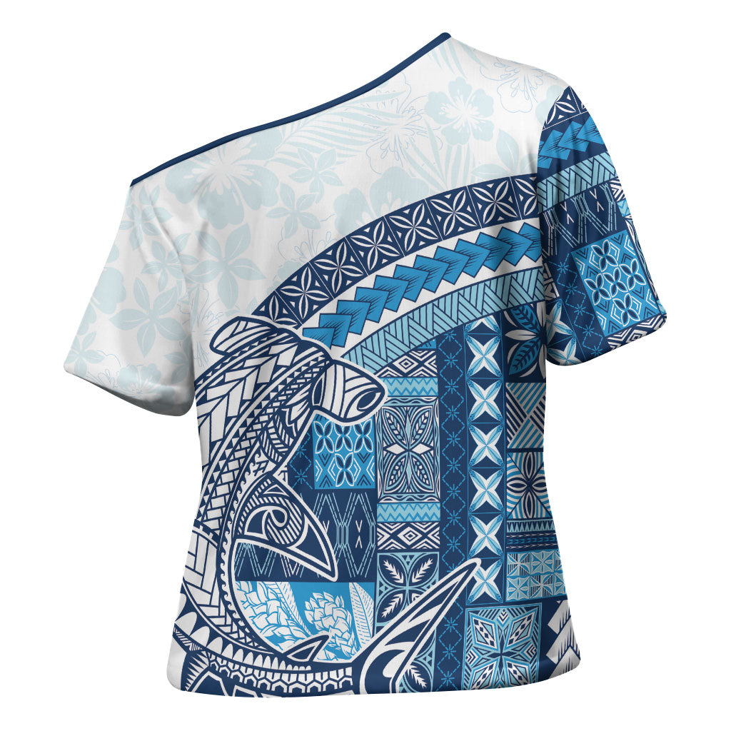 Samoa Mamanu Siapo Royal Blue Cross Shoulder Shirt Tatau Malie