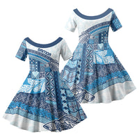 Samoa Mamanu Siapo Royal Blue Family Matching Off The Shoulder Long Sleeve Dress and Hawaiian Shirt Tatau Malie