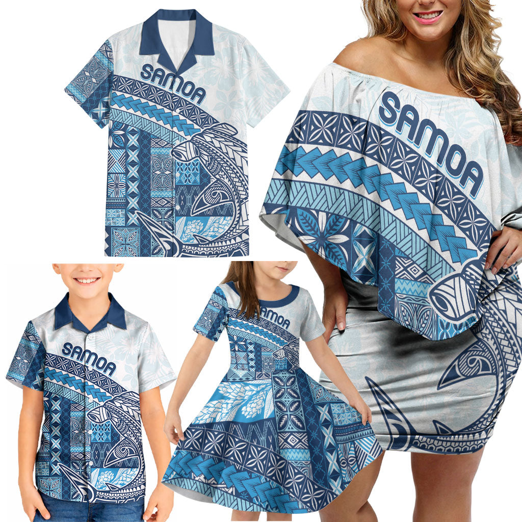 Samoa Mamanu Siapo Royal Blue Family Matching Off Shoulder Short Dress and Hawaiian Shirt Tatau Malie