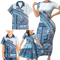 Samoa Mamanu Siapo Royal Blue Family Matching Short Sleeve Bodycon Dress and Hawaiian Shirt Tatau Malie