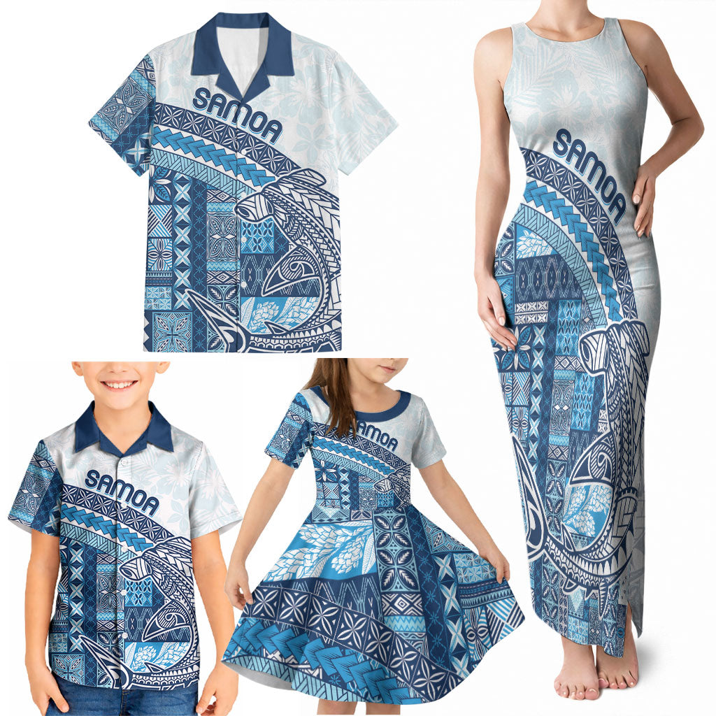 Samoa Mamanu Siapo Royal Blue Family Matching Tank Maxi Dress and Hawaiian Shirt Tatau Malie