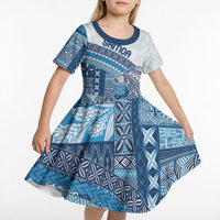 Samoa Mamanu Siapo Royal Blue Kid Short Sleeve Dress Tatau Malie