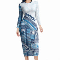 Samoa Mamanu Siapo Royal Blue Long Sleeve Bodycon Dress Tatau Malie