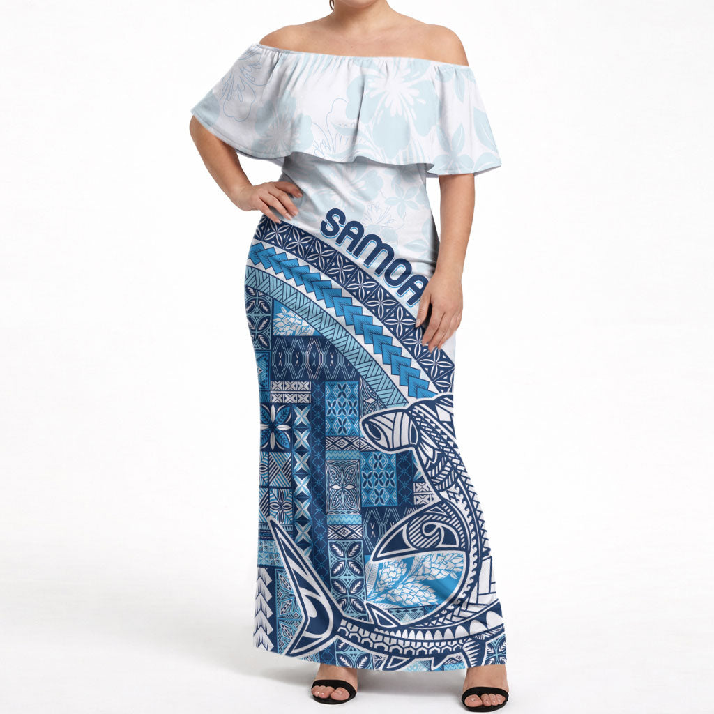 Samoa Mamanu Siapo Royal Blue Off Shoulder Maxi Dress Tatau Malie