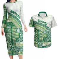 Samoa Mamanu Siapo Forest Green Couples Matching Long Sleeve Bodycon Dress and Hawaiian Shirt Tatau Malie