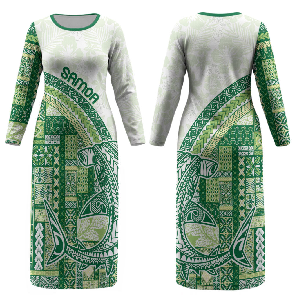 Samoa Mamanu Siapo Forest Green Couples Matching Long Sleeve Bodycon Dress and Hawaiian Shirt Tatau Malie