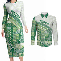 Samoa Mamanu Siapo Forest Green Couples Matching Long Sleeve Bodycon Dress and Long Sleeve Button Shirt Tatau Malie
